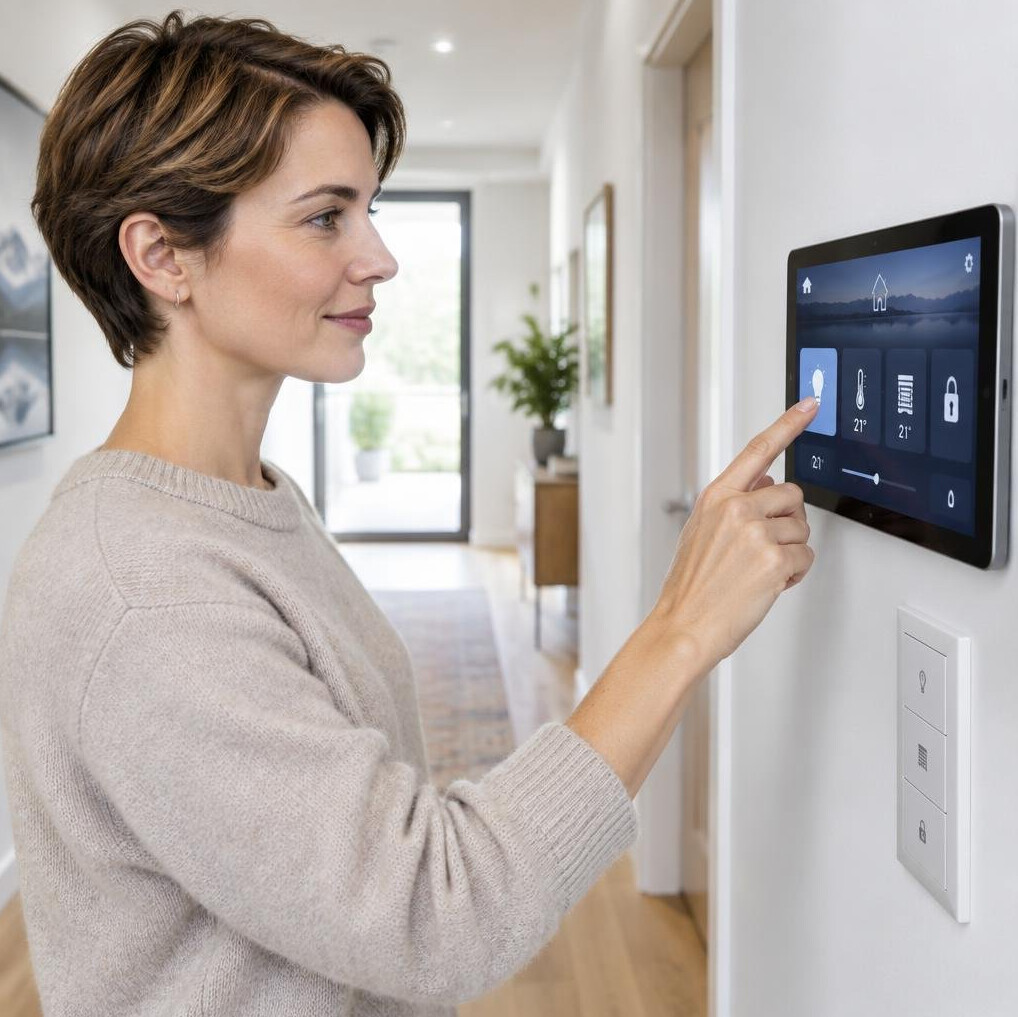 Woman adjusting a smart home app on a tablet near a wall panel