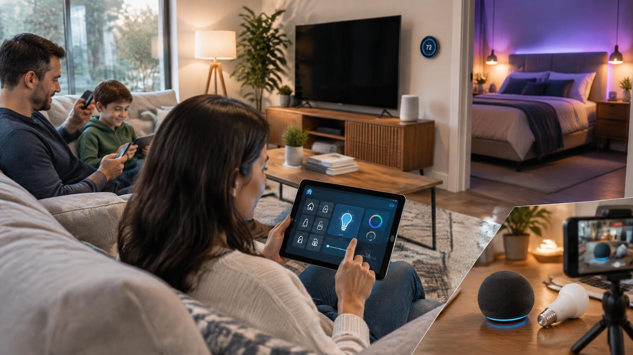 family using smart devices