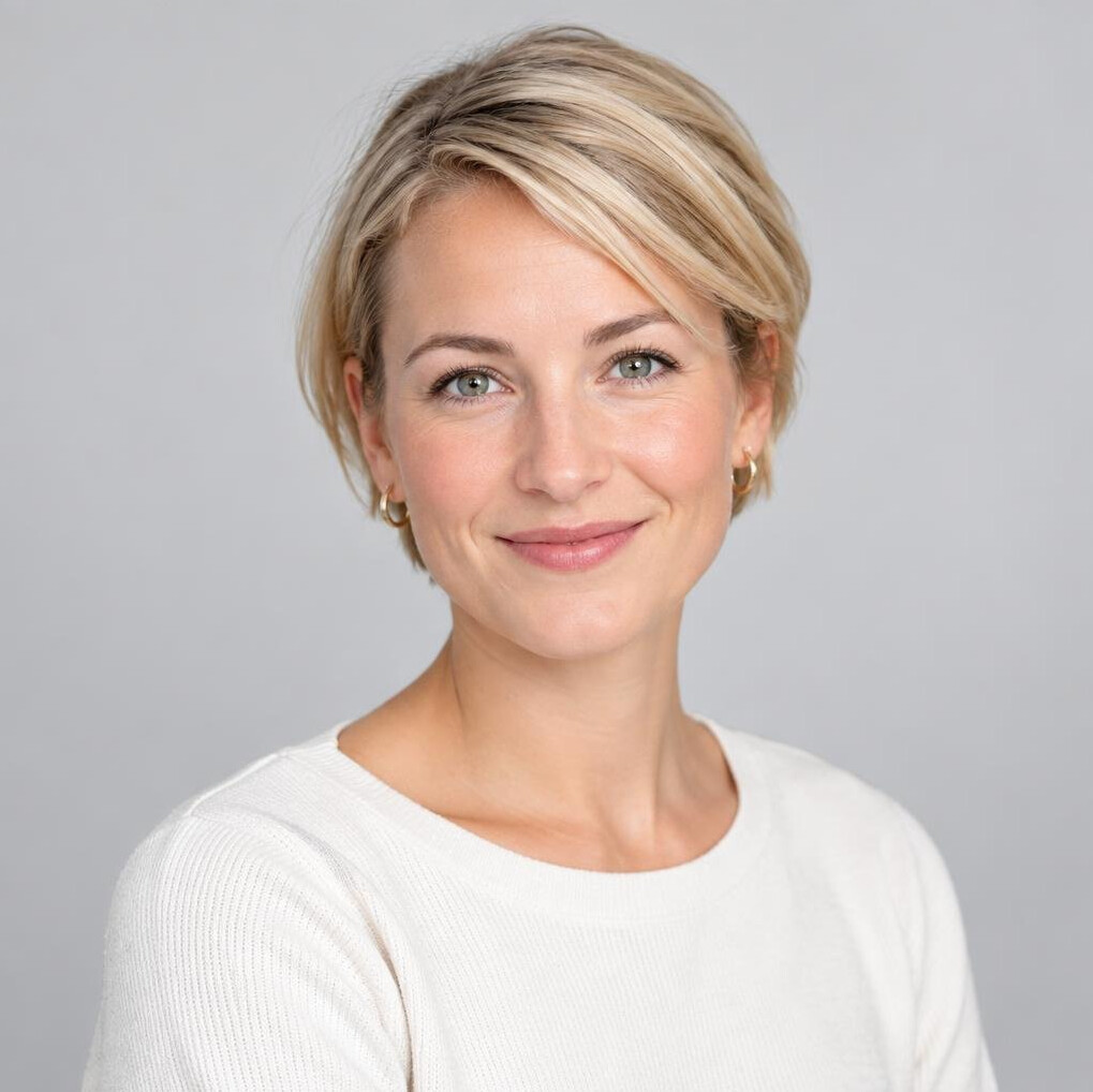 Studio portrait of a woman with short blonde hair