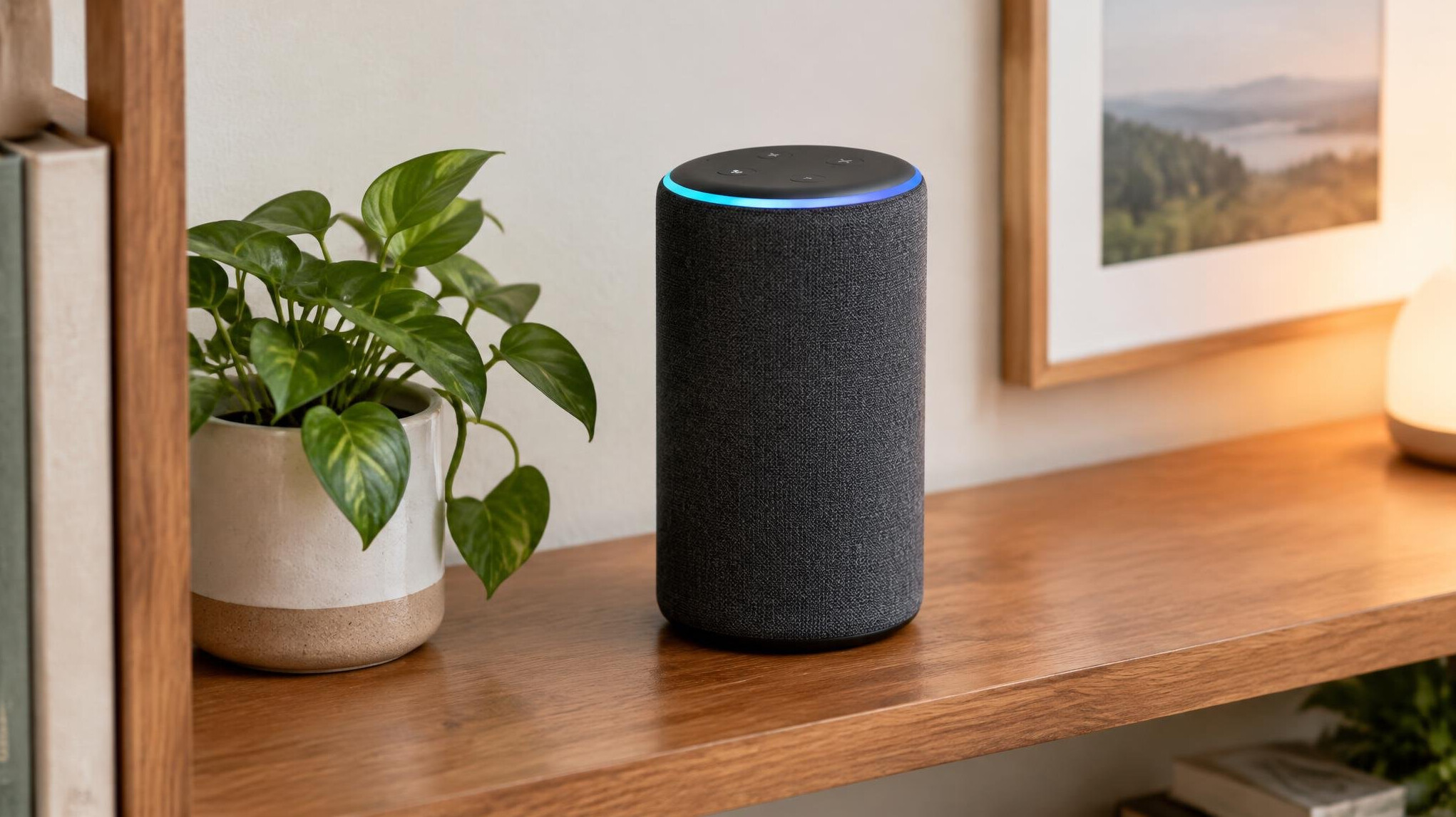 Smart voice assistant speaker on a wooden shelf