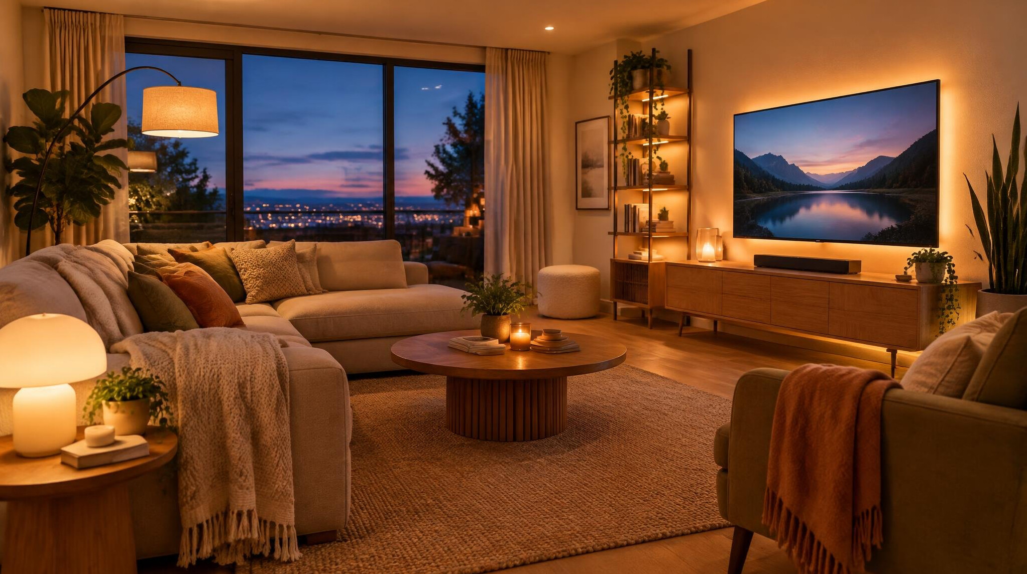 Cozy living room in the evening with warm smart lighting