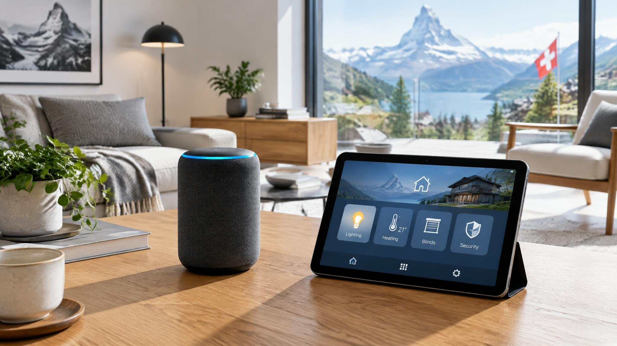 Modern living room with smart speaker and tablet on a table
