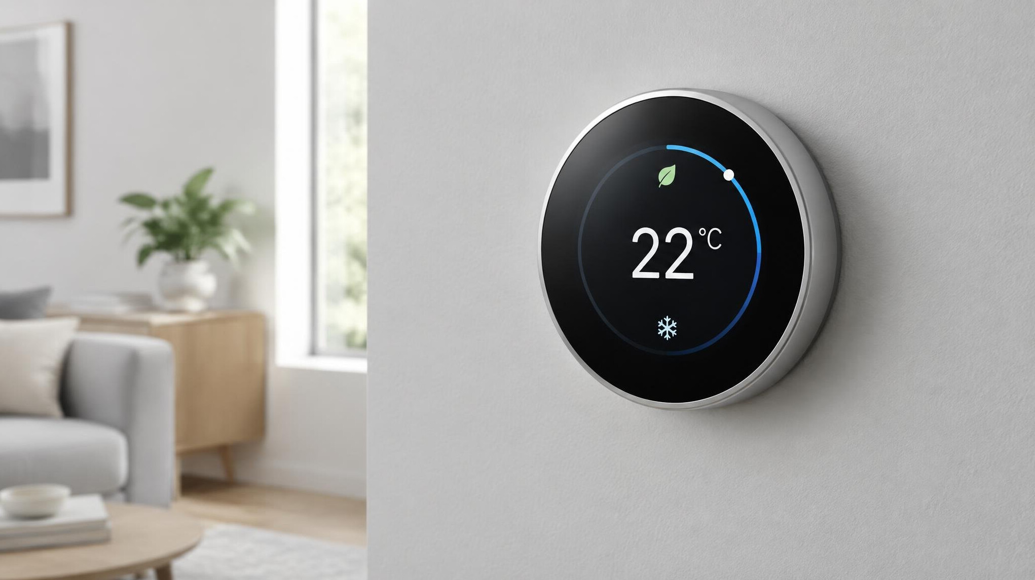 Smart thermostat mounted on a wall