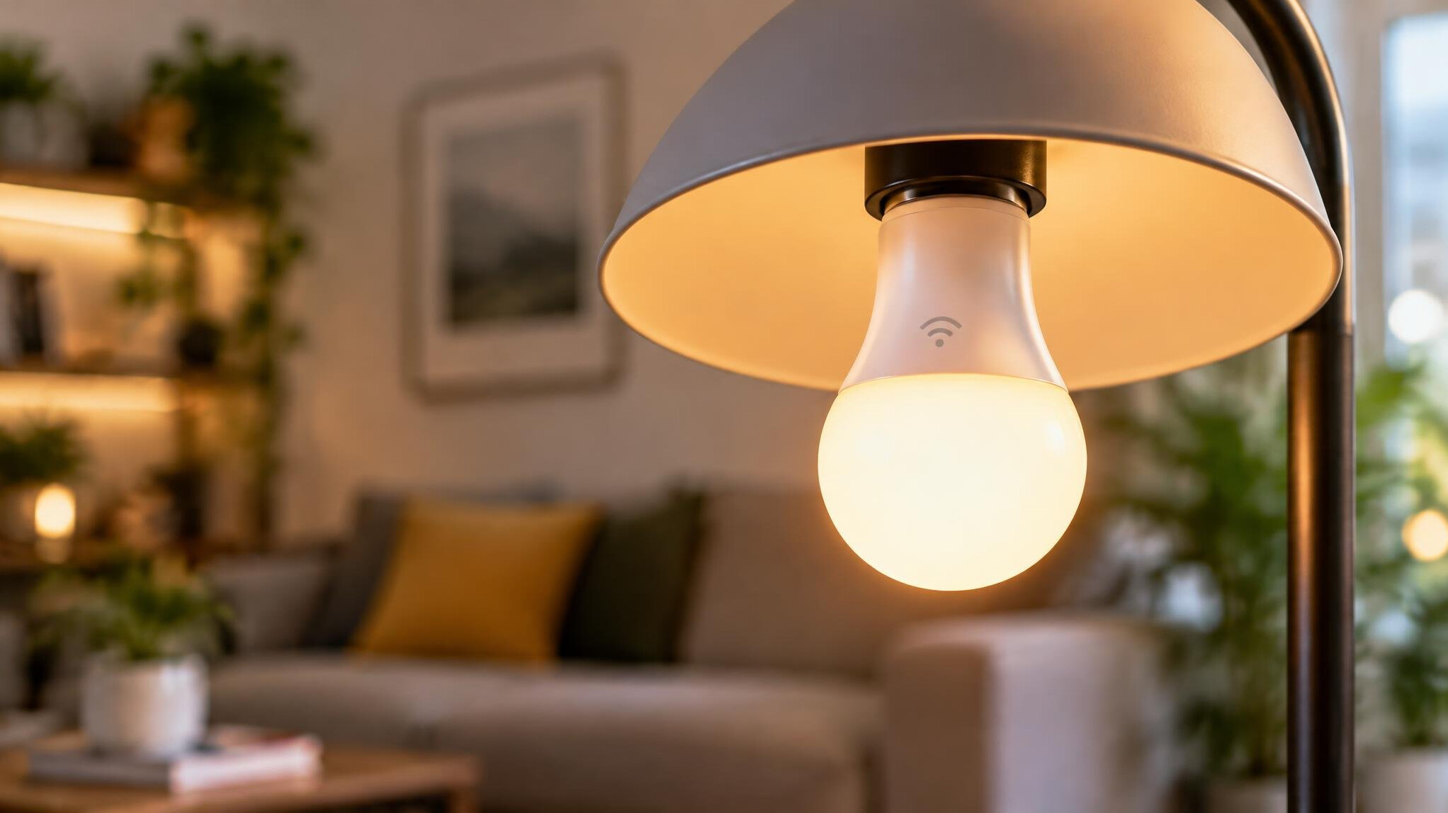 Smart light bulb glowing warmly in a lamp fixture