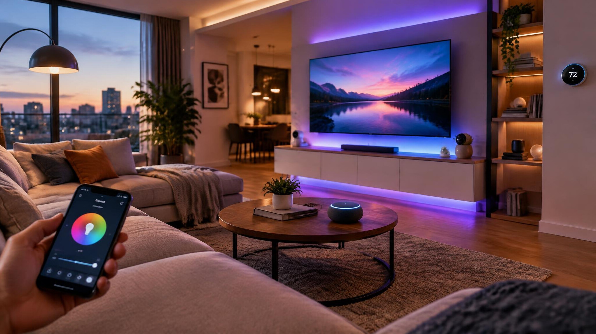 modern living room with smart lights